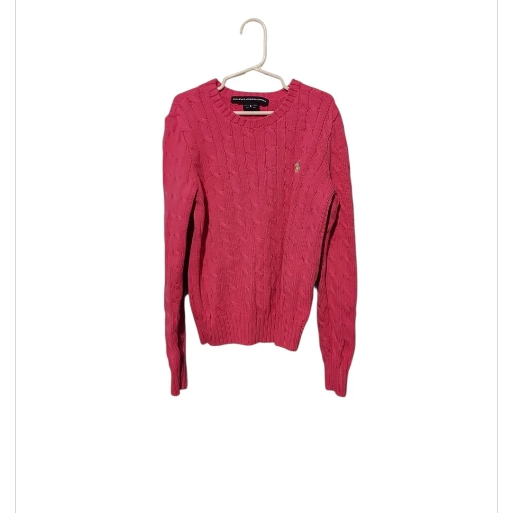 Ralph Lauren Sport  Cable Knit Sweater Crew Neck Pink Youth Girl Sz Small Pony